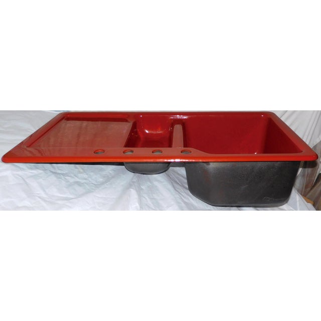 1983 Vintage Kohler Epicurean Sequoia (Red) 4-Hole Acid Resistant Porcelain & Cast Iron 2 Basin Drainboard Kitchen Sink For Sale In Portland, ME - Image 6 of 16