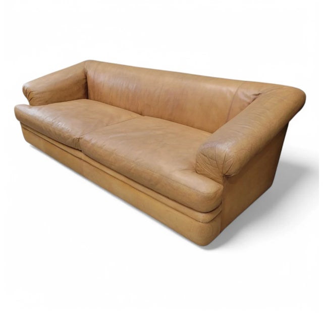 Mid 20th Century Vintage Oversized Distressed Cognac Leather Rolled Arm Sofas by A. Rudin - Pair For Sale - Image 5 of 15