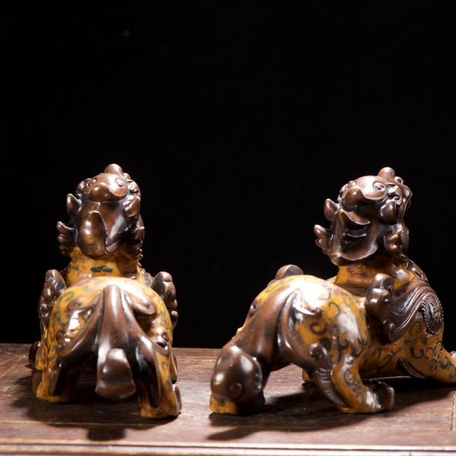 Pair of Vintage Cloisonné Enamel Pixiu Statues With Gilt Bronze Accents For Sale - Image 4 of 9