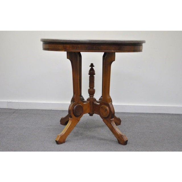 Antique Victorian Marble Top Carved Walnut Oval Eastlake Side Table