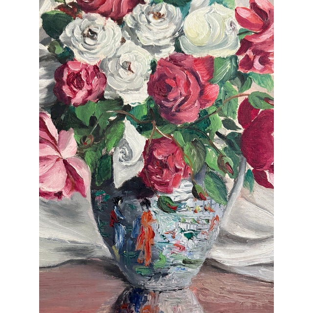 Mid-Century Roses in Chinoiserie Vase Oil Painting For Sale In Minneapolis - Image 6 of 9