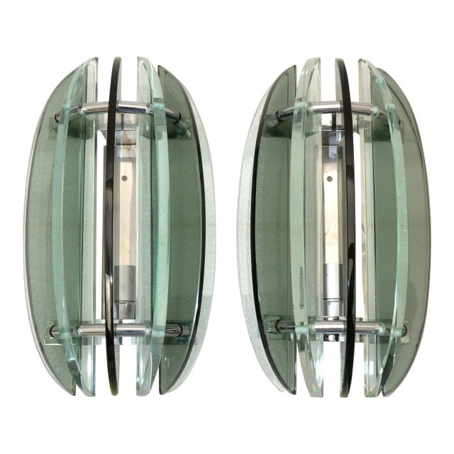 Italian Smoke Clear Green Glass Sconces by Veca Mid-Century Modern 1970 - Pair For Sale