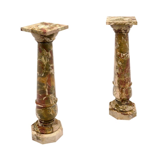 Pair of architectural columns from Italy, circa 1910. This pair is made of Breccia pontifica marble, a rare multicolored...