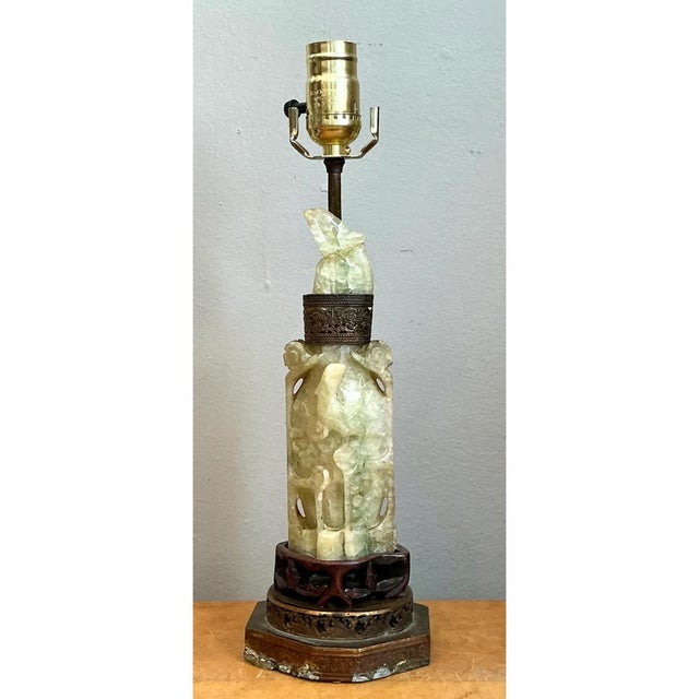 Vintage Jadite Carved Lamp With Brass For Sale - Image 4 of 12
