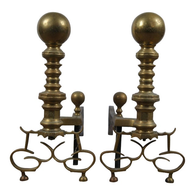 Antique Georgian Colonial Revival Brass Cannonball Andirons Fireplace Fire Dogs- Set of 2 For Sale