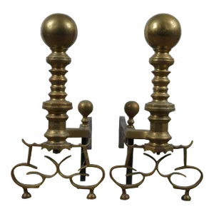 Antique Georgian Colonial Revival Brass Cannonball Andirons Fireplace Fire Dogs- Set of 2
