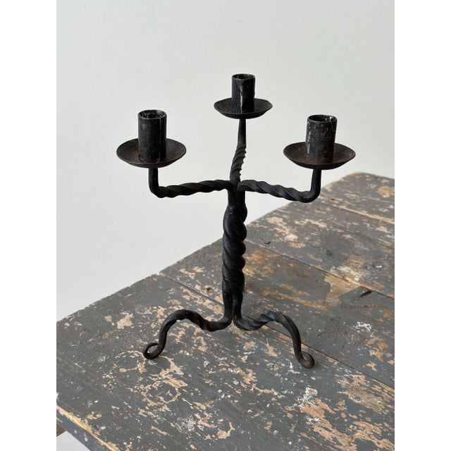 Vintage Wrought Iron Twisted Tripod Candelabra, Circa Early-Mid 20th Century For Sale - Image 12 of 16