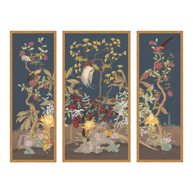 Forest & Pheasants by Allison Cosmos, Set of 3, in Gold Framed Paper, Large Art Print For Sale