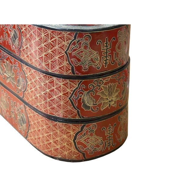 Chinese Brick Red Lacquer Color Treasure Graphic Stack Box Basket ...