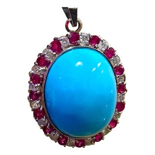 GIA Certified 105 Ct Natural Oval Turquoise, Ruby & Diamond Pendant, Sleeping B For Sale