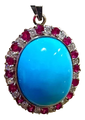 GIA Certified 105 Ct Natural Oval Turquoise, Ruby & Diamond Pendant, Sleeping B