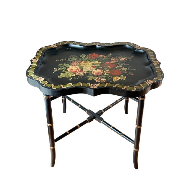 Vintage Chinoiserie Black Neiman Marcus Black Hand Painted Floral Tray Table For Sale - Image 11 of 12