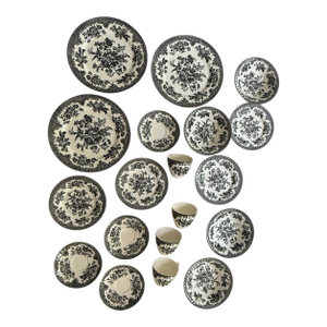 1980s Set of Nineteen (19) Barratts England Black Transferware Dinnerware Set, Asiatic Pheasant Style, Dinner Plates Bowls Teacups Saucers