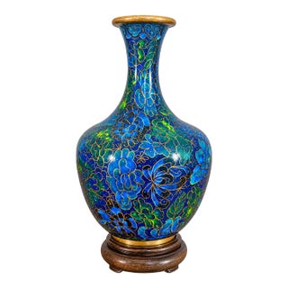 Mid-Century Chinese Cloisonné Floral Vase in Navy, Turquoise & Gold With Wood Stand For Sale