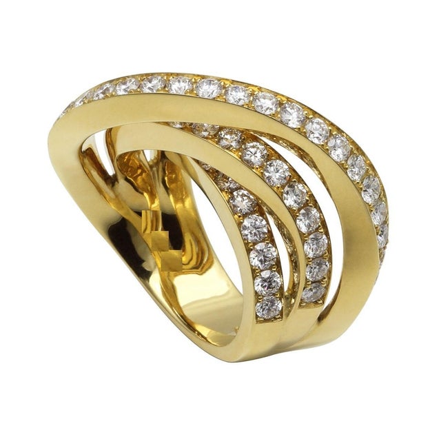 Curved Triple Twist Ring Diamond Channel Geometric Wave Curve Statement Unique 18 Karat Yellow Gold Ring The winning swing...