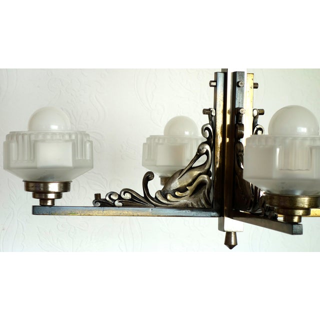 French Art Deco Brass and Satin Glass 4-Light Chandelier, 1920s For Sale - Image 13 of 15