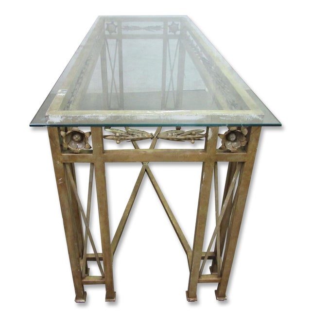 Neoclassical Vintage 78 In. Glass Top Wrought Iron Counter Height Table For Sale - Image 3 of 11