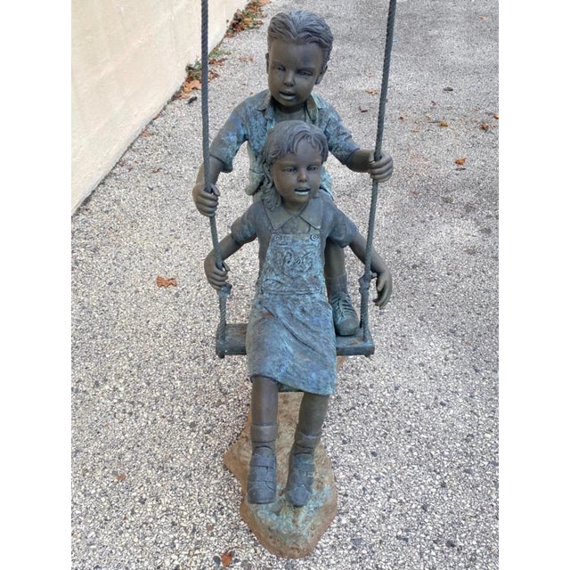 Late 20th Century Large Bronze Boy and Girl Children Swinging Garden Outdoor Statue Sculpture For Sale In Philadelphia - Image 6 of 9