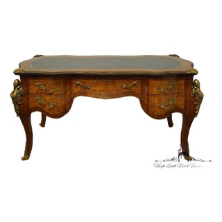 Vintage French Provincial Louis XV Burled Walnut & Kingwood Bureau Plat / Executive Desk W. Tooled Leather Top & Gilt Figural Mounts For Sale
