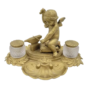 Mid 20th Century Vintage Brass Toned and Glass Double Inkwell With Pen Holder Angel Cherub Figurine - Set of 5
