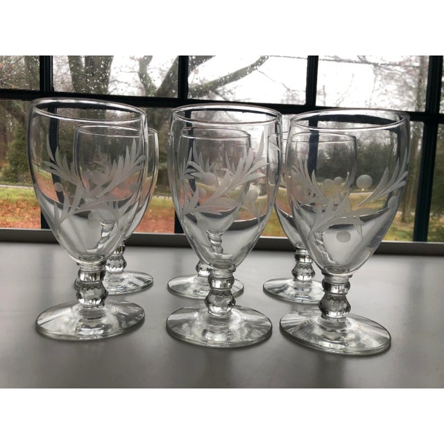 Shabby Chic Vintage Clear Etched Glass Wine / Water Goblets S/6 For Sale - Image 3 of 5
