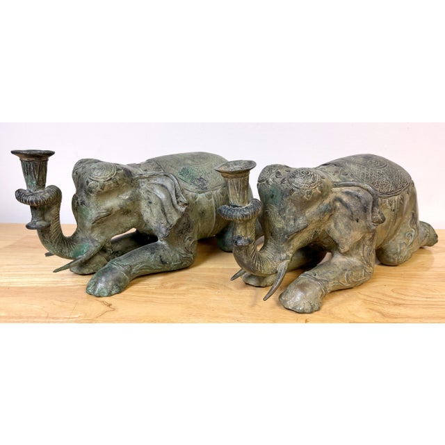 Metal Large Pair Asian Bronze Recumbent Processional Elephant Motif Candlesticks For Sale - Image 7 of 8
