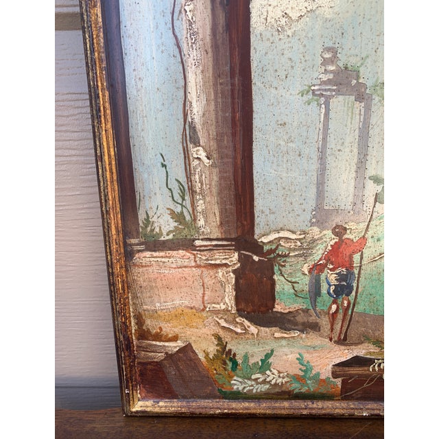 Wood Italian Capriccio Landscape Painting in Shaped Gilt Frame For Sale - Image 7 of 9
