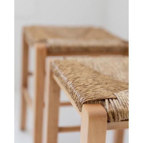 Vintage Wooden Stools with Handwoven Straw Seats and Curved Legs, 1980s, Set of 2 For Sale - Image 5 of 11