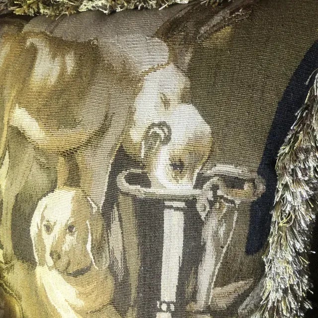 1990s Vintage Wool Tapestry Pillow Featuring Dogs at Rest With Fringe For Sale - Image 5 of 13