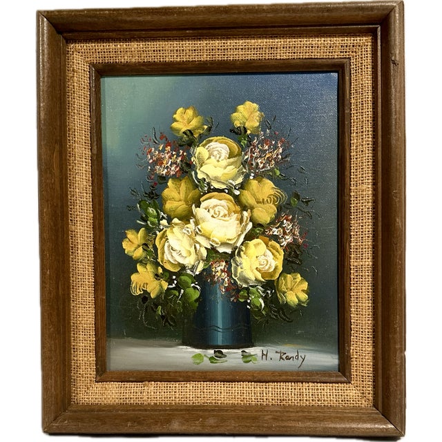 Vintage Botanical Oil Painting Yellow Roses Still Life Wood Frame For Sale