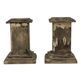 Pair of Small Vintage Wood Pedestals With Remnant Paint, for Multi Purpose Use For Sale