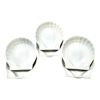 1980s White Porcelain Clam Shell Appetizer Plates – Coastal Set of 6 For Sale