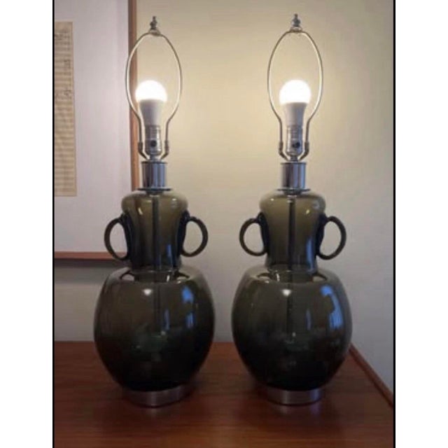 1970s 1970s Mid Century Modern Italian Handblown Smoke Glass & Chrome Table Lamps - a Pair For Sale - Image 5 of 8