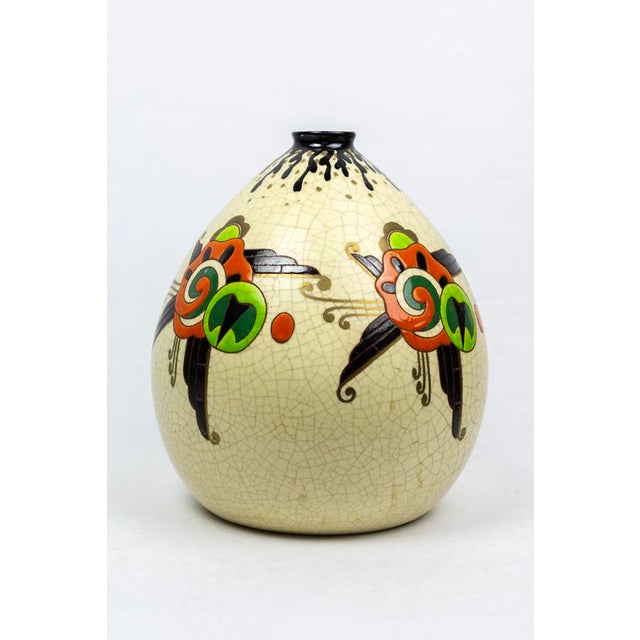 Art Deco Vase in Crackle-Glazed Ceramic with J. Martinache Decoration from Orchies Factory, France, 1930s For Sale - Image 9 of 16