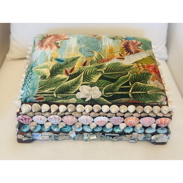 Wood Antique Footstool Covered in Shells, Reupholstered in Designer Velvet For Sale - Image 7 of 11