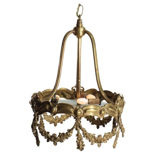 French Antique Louis XIV Style Floral Drape Gilt Bronze Chandelier C1930 For Sale - Image 3 of 9