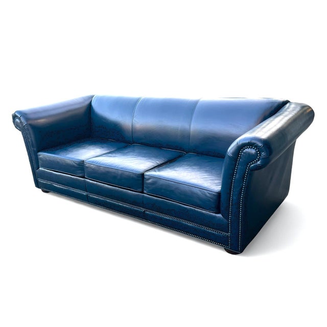 Wood 1960s Navy Blue Leather Roll-Arm Sofa With Brass Nailhead Trim and Wooden Bun Feet For Sale - Image 7 of 12