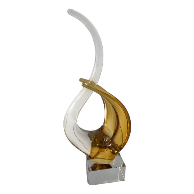 Mid-Century Modern Italian Amber and Clear Murano Glass Swan Sculpture on Base, 1960s For Sale