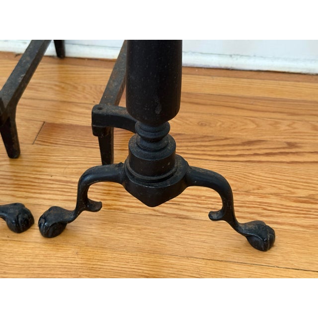 Metal Vintage American Midcentury Cast-Iron and Brass Cannonball Andirons For Sale - Image 7 of 10