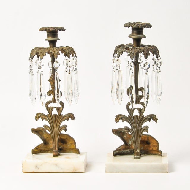 Antique Brass Spaniel Dog Candle Holders With Marble Base and Crystals For Sale - Image 11 of 16
