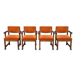 1970's Bernhardt Mid Century Modern Burnt Orange Velvet Rolling Dining Chairs - Set of 4 For Sale