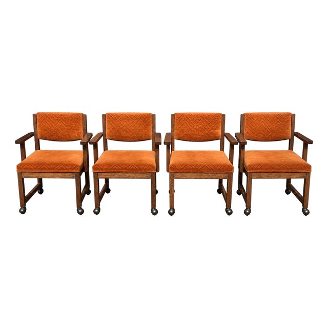 1970's Bernhardt Mid Century Modern Burnt Orange Velvet Rolling Dining Chairs - Set of 4 For Sale