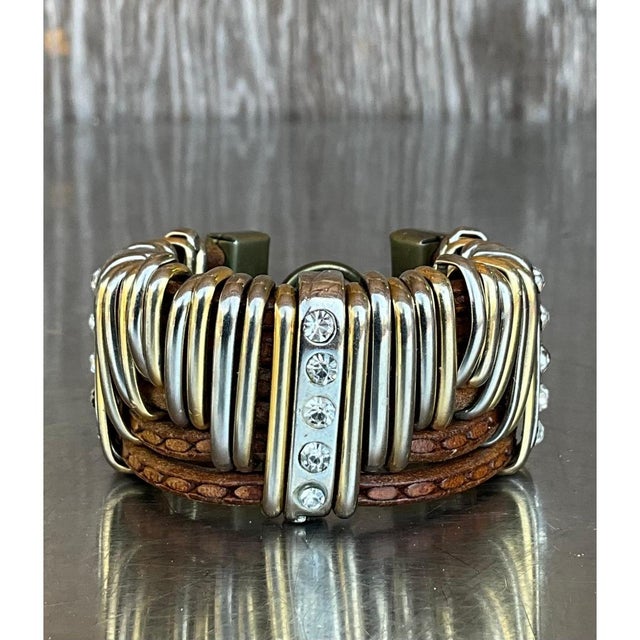 Vintage Leather & Silver Rhinestone Cuff Bracelet For Sale - Image 11 of 12