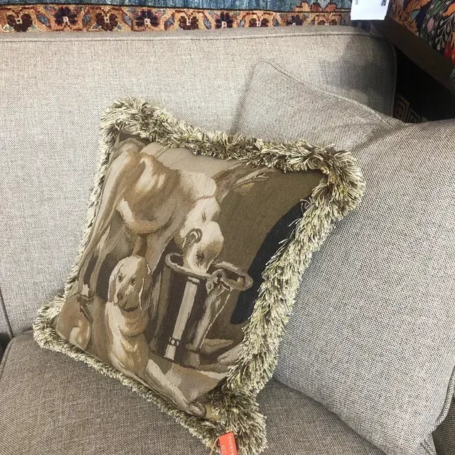 Vintage Wool Tapestry Pillow Featuring Dogs at Rest With Fringe For Sale - Image 11 of 13