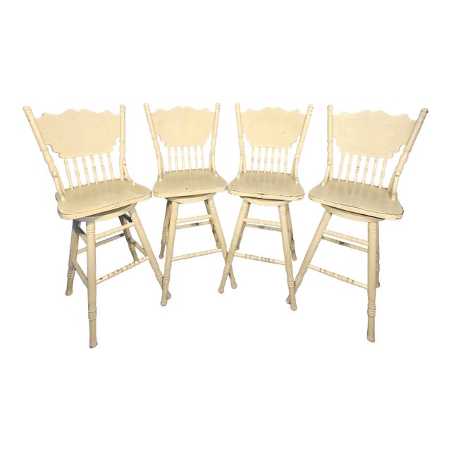 Chic Chalet Cottage French Country Carved Oak Wood Bar Counter Stools, Set of 4 For Sale