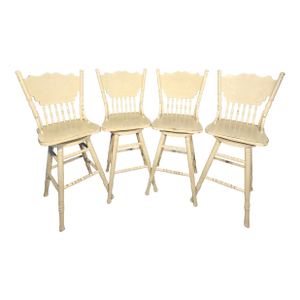 Chic Chalet Cottage French Country Carved Oak Wood Bar Counter Stools, Set of 4