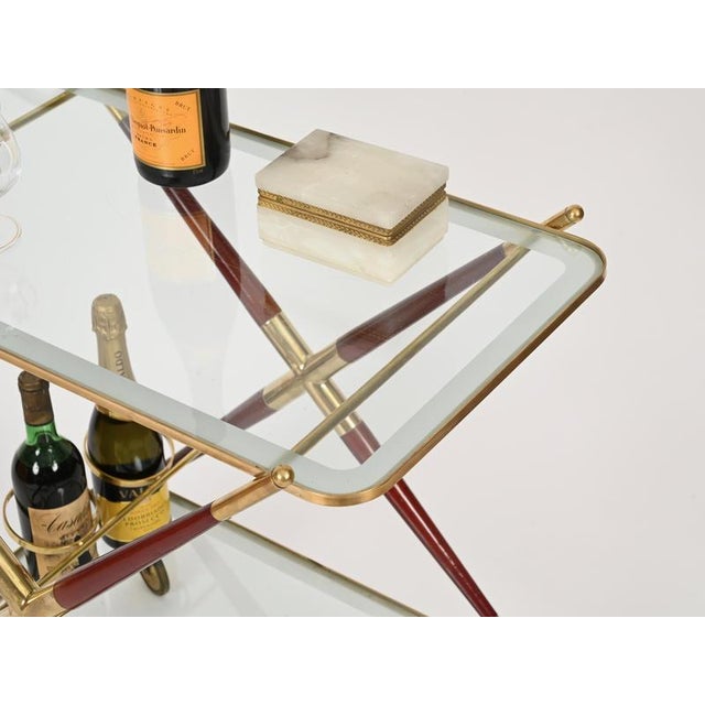 Cesare Lacca Brass and Burgundy Lacquered Wood Bar Cart by Cesare Lacca, Italy, 1950s For Sale - Image 4 of 15
