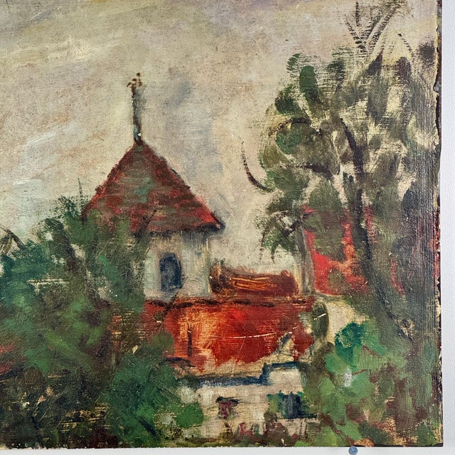 Early 20th Century Charming Salvaged Oil/Board Painting of European Village Countryside Scene With Rich Colors For Sale - Image 4 of 6