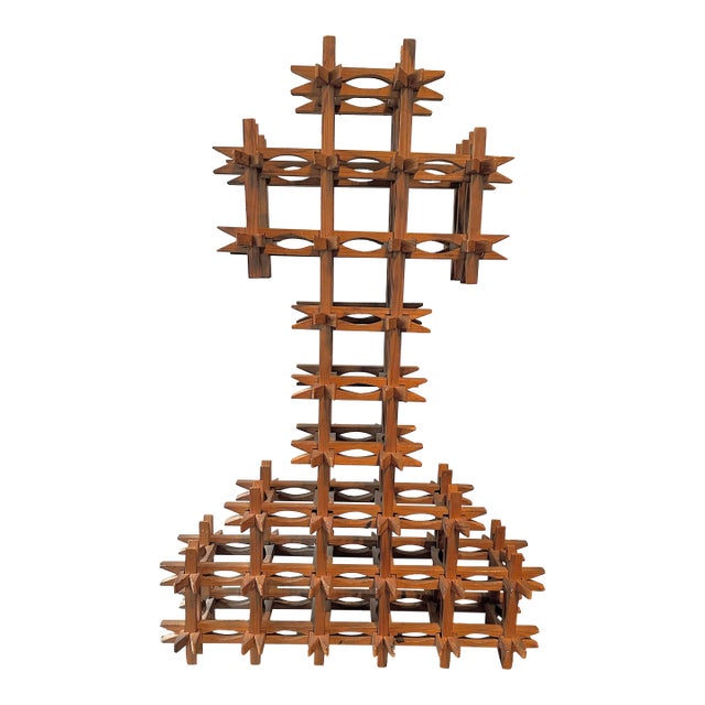 Antique Tramp Art Crown of Thorns Wooden Cross For Sale