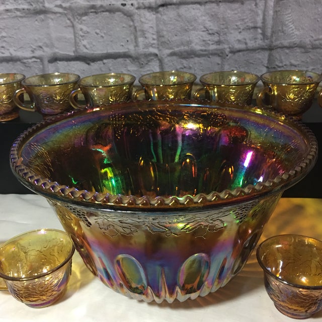 Vintage Indiana Iridescent Carnival Glass Marigold Harvest Grapes Punch